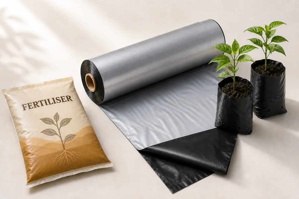 Roll of unperforated silver-faced, black-backed mulch film, flexible nursery bags with seedlings and an unbranded fertiliser cover