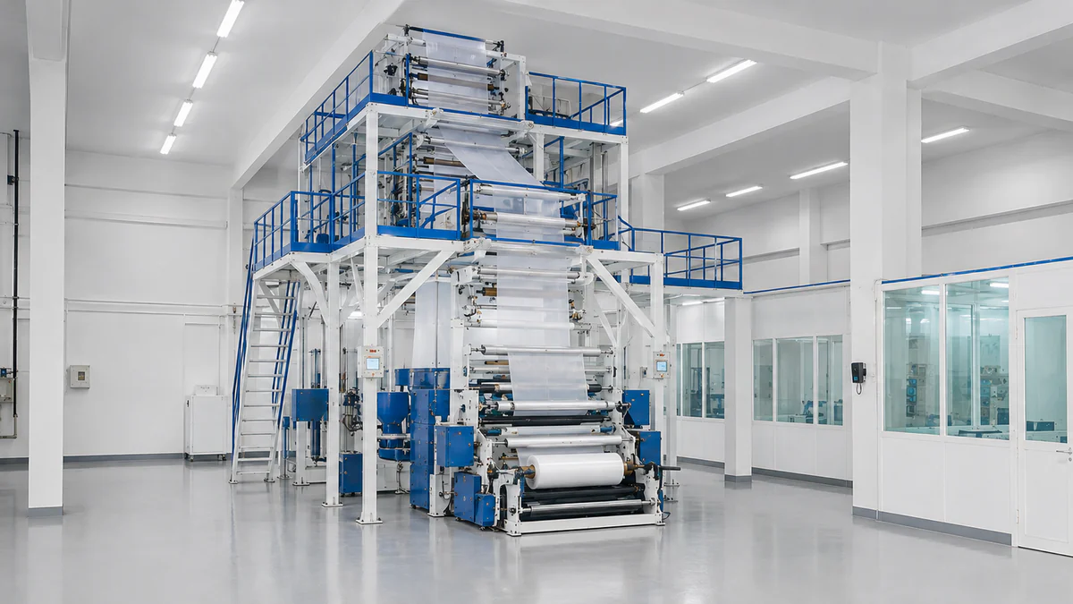 A multi-storey blown film extrusion line with a tall blue and white tower, film travelling down through nip rollers to a winder holding a finished reel of clear film