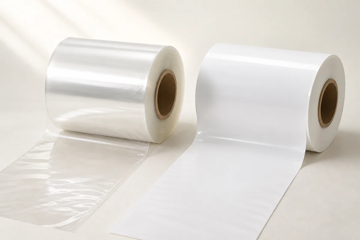 Clear and opaque white LDPE film reels with unprinted film unrolled