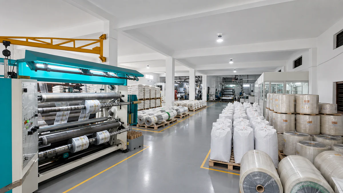 A wide, brightly lit production bay with a slitting machine winding printed film on the left, pallets of white sacks of polymer granules and stacked film reels on the right, and further machines at the far end