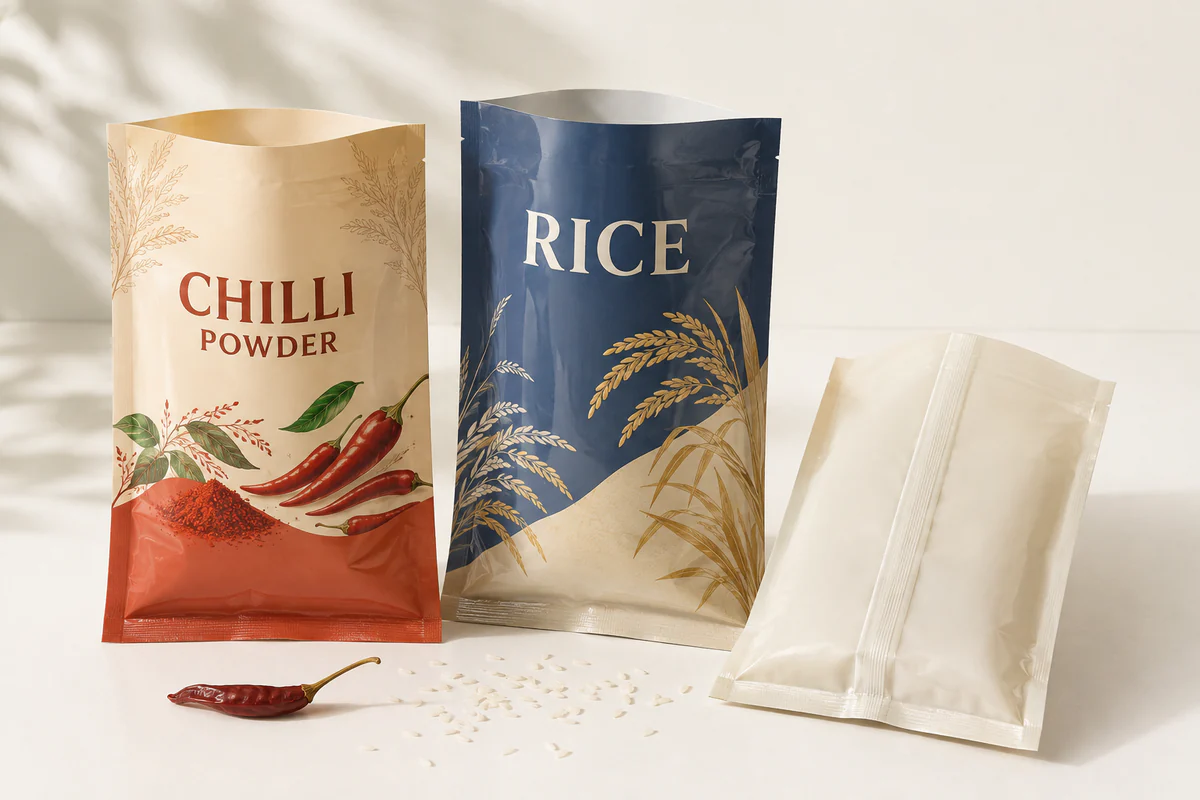 Unbranded pre-made pouches with open filling mouths and a visible centre back seam