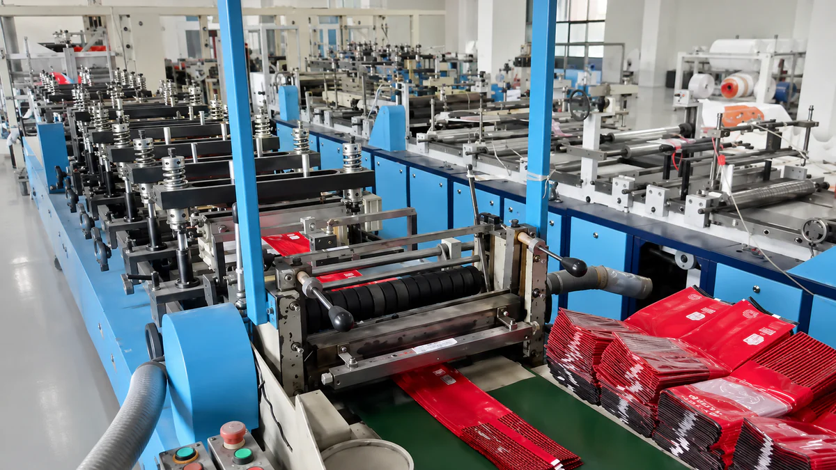 A long row of pouch making machines in a bright hall, the nearest one cutting printed red pouches onto a green conveyor, with stacks of finished pouches beside it and reels of film in the background