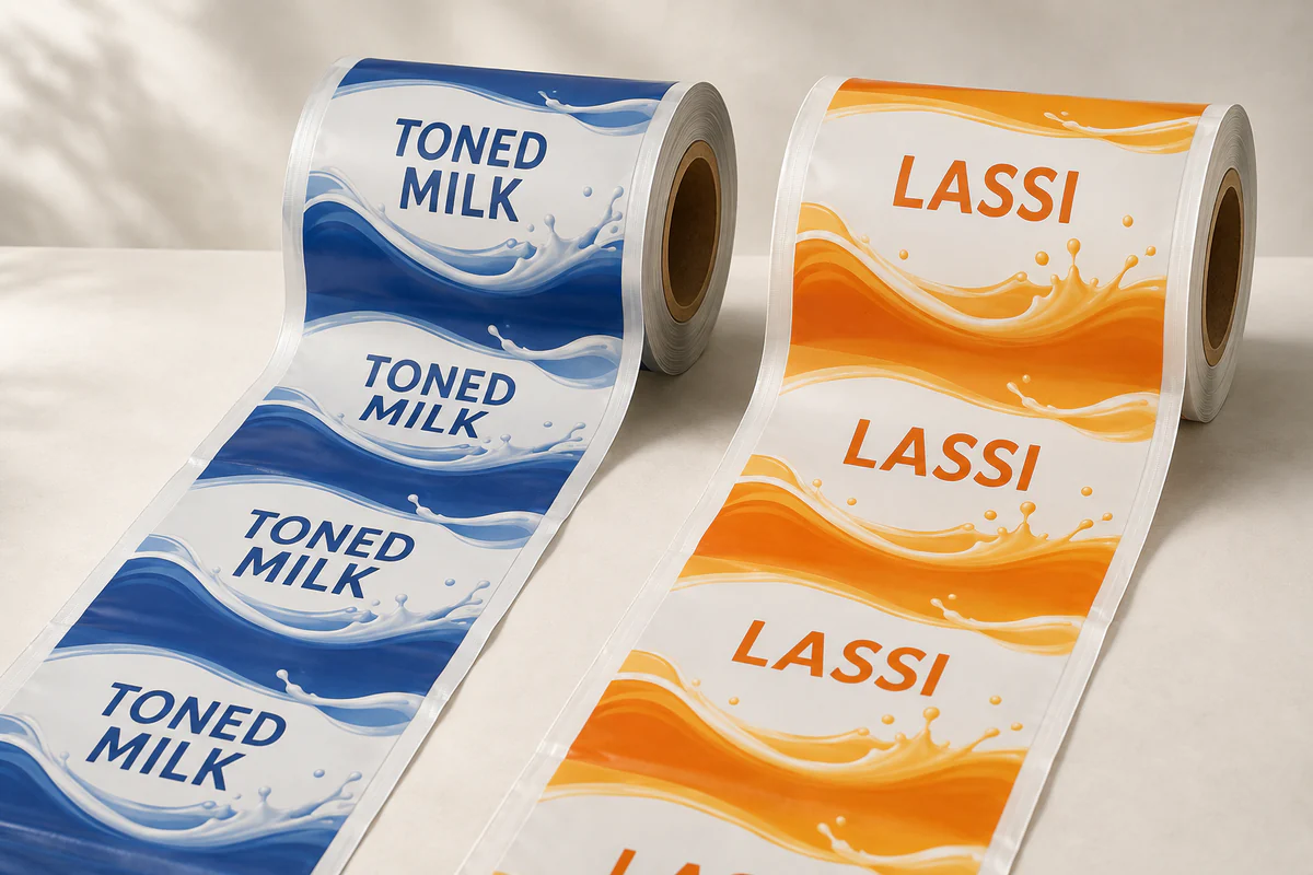 Printed packaging film reels with repeating Toned Milk and Lassi designs