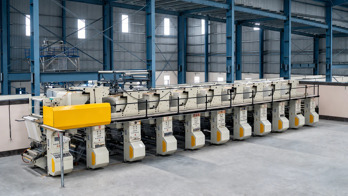 A long nine-colour rotogravure printing press in a steel-framed hall, its printing stations numbered along the length of the machine, with film feeding in at the near end
