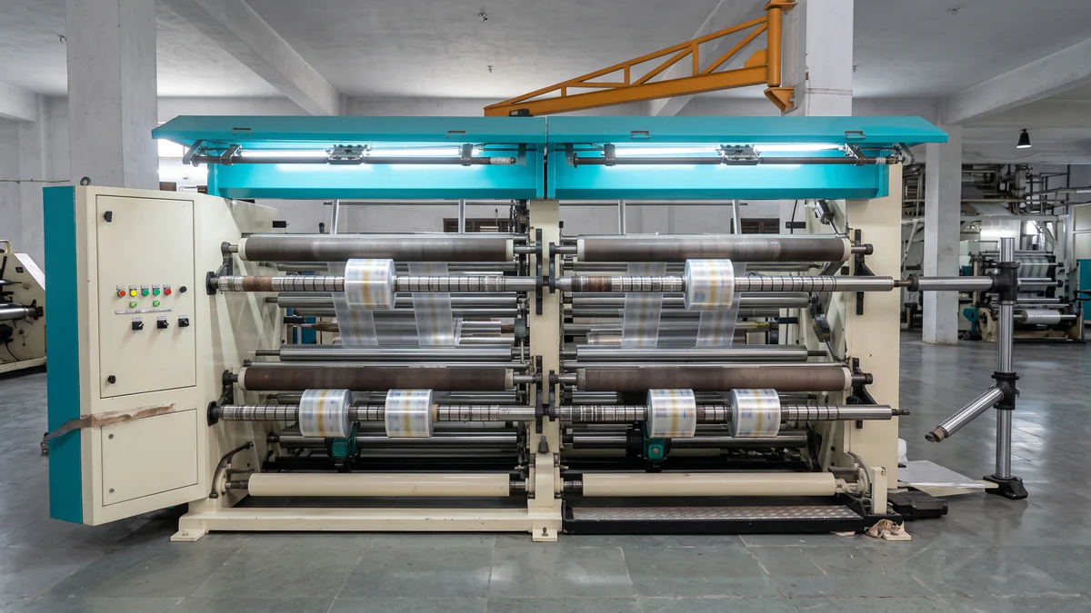 A twin-deck slitting and rewinding machine with several narrow reels of printed film wound onto shafts across two levels